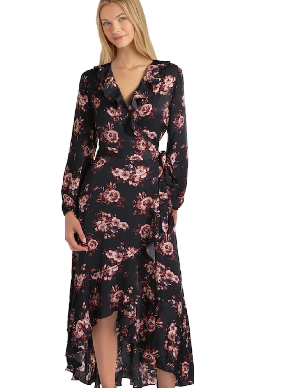Parker Black Floral High-Low Wrap Dress with Pink Roses Size Medium